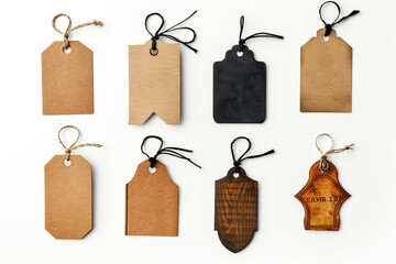 professional photograph a collection of template price tags in various shapes and sizes, positioned elegantly against a white background, ready for customization and use in retail