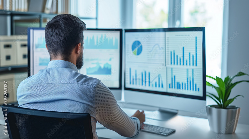 Canvas Prints sales manager looking at the sales data statistics of business on computer screens in modern office,