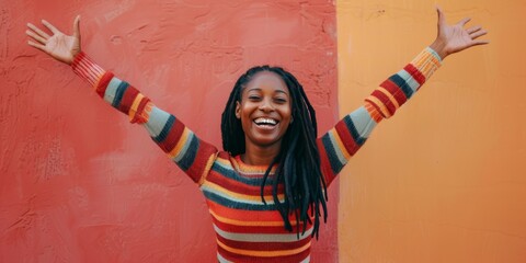 Celebration, cheerful, and lady walking by a city wall on a vacation or weekend excursion. Happiness, smile, and African woman experiencing freedom in urban town on vacation or adventure. - obrazy, fototapety, plakaty