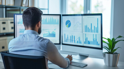 sales manager looking at the sales data statistics of business on computer screens in modern office, growth analysis, businessperson or data analyst working with sales data 
