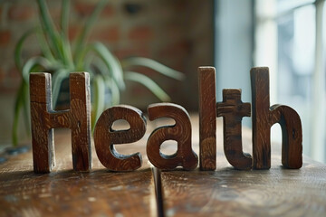 Wooden letters spelling health on a blurry indoor background