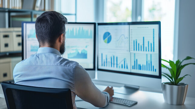 sales manager looking at the sales data statistics of business on computer screens in modern office, growth analysis, businessperson or data analyst working with sales data