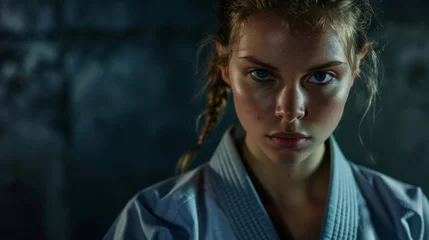 Foto op Aluminium Serious female karate athlete facing forward. Healthy, motivated young girl training martial arts. Combat, fitness, and discipline in the dojo. © LukaszDesign