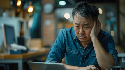 Stress, computer, and frustrated businessman in office for difficult project, difficulty, and problem anxiousness. Confused male employee, desktop, headache for internet mistake, 404 problem