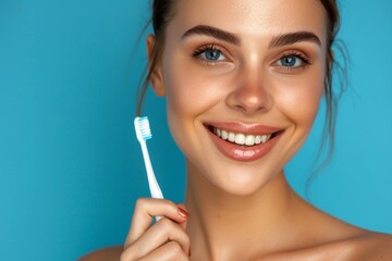 Positive portrait of woman cleaning teeth in studio for gingivitis, dental care, and sustainable cosmetics on blue background. Brushing lips with bamboo toothbrush for dental hygiene or grin - obrazy, fototapety, plakaty