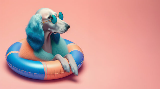 Funny dog wearing summer fashion on pastel background with copy space. Summer Vacation Concept.