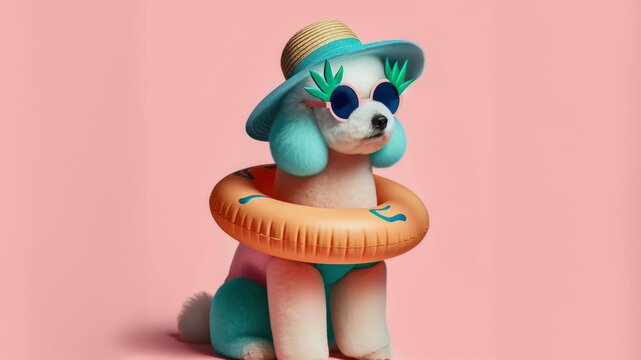 Funny dog wearing summer fashion on pastel background with copy space. Summer Vacation Concept.