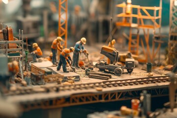 Miniature Construction Workers on a Busy Job Site, Industrial Diorama - obrazy, fototapety, plakaty