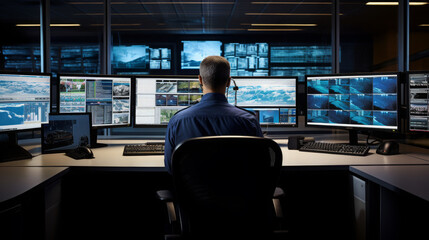 Naklejka premium Security Personnel Monitoring Surveillance Footage