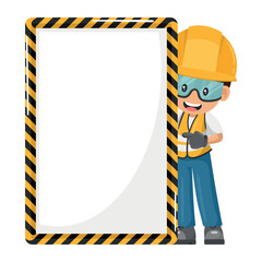 Industrial construction worker holding yellow safety tape sign with space for text for advertising, presentations, brochures. Industrial safety and occupational health at work - obrazy, fototapety, plakaty