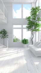 Modern farmhouse living room with wooden staircase  white light colors, natural wood, green plants