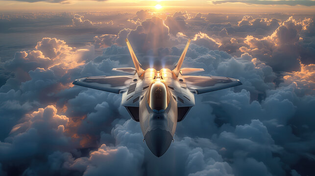 An airplane, more precisely an F22 Raptor, flies across a cloudy sky