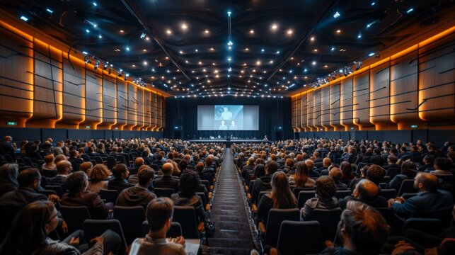 Audience at the modern conference hall listens to panel discussion, people on a congress together listen to speaker on stage at convention, business seminar, amphitheater venue for congress