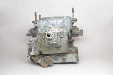 carburator of old car with petrol engine. showing brass fuel fiiting from float chamber side