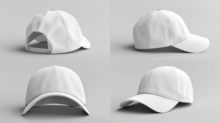 White baseball cap in different angles views. 3d rendering mockup.