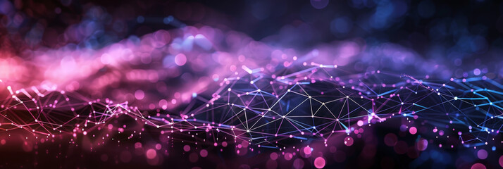 A dark purple background with blue and yellow lines geometric polygonal space low poly network nodes with connected dots and lines on dark blur blue tone background. Concept for digital technology, 