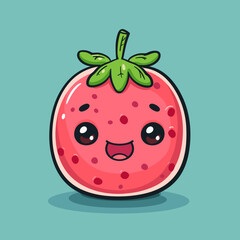 A cartoon strawberry with a green stem and a smiling face