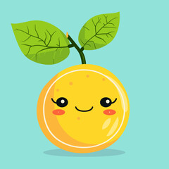A cartoon orange with a leaf on top. The orange is smiling and has a happy expression