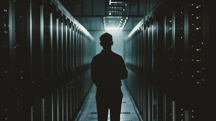 Back view of young businessman standing in server room with binary code. Big data concept