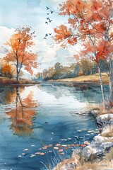 Watercolor hand drawn charming lake with clear sky, bright pastels, serene nature background