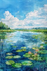 Watercolor hand drawn charming lake with clear sky, bright pastels, serene scene