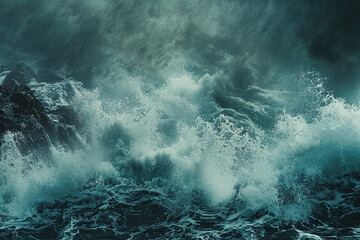 A captivating image of stormy waves crashing against a rugged shoreline, with foam and spray filling the air.