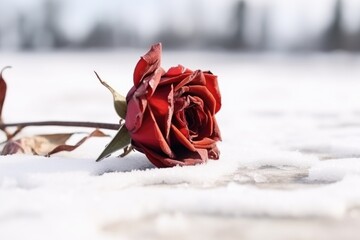 A solitary wilted red rose lies in the snow, symbolizing lost love or missed opportunity. Single Frozen Rose in a Snowy Landscape