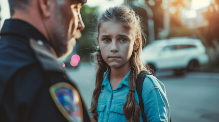 police officer and little girl standing on street