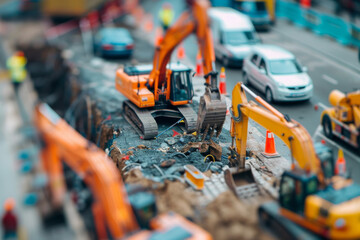 Fototapeta premium A miniature city with toy cars and construction equipment.
