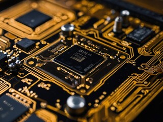 Fototapeta premium A black and gold PCB complete with electronic components installed in it