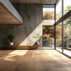Contemporary empty concrete interior featuring a mockup place on the wall, wooden flooring, panoramic windows, and abundant daylight. 3D rendering provides a realistic and spacious atmosphere