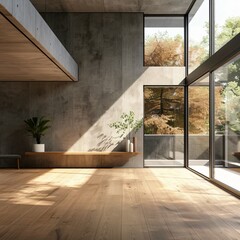 Obraz premium Contemporary empty concrete interior featuring a mockup place on the wall, wooden flooring, panoramic windows, and abundant daylight. 3D rendering provides a realistic and spacious atmosphere