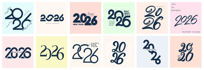 2026 Happy New Year logo text design set. 2026 color number design template. Year design with letter logo concept, poster, calendar, flyer. Christmas 2026 Happy New Year symbols. Vector illustration.