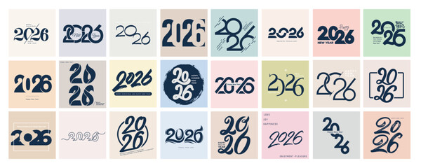Big Set of 2026 number design template. 2026 Happy New Year logo text design. Christmas set of 2026 Happy New Year. Vector with black 24 labels logo for diaries, notebooks, calendars, social media.