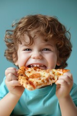 Adorable child enjoying tasty pizza on soft colored background with space for text