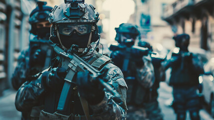 Soldiers of the special forces in full gear on the street.