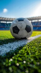 Ball on the green field in soccer stadium. Ready for game in the midfield - soccer ball close-up. - obrazy, fototapety, plakaty