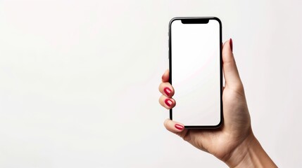 A woman's hand is holding a mobile phone with a blank screen. There is space for writing on the white background.