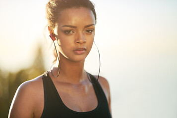 Portrait, woman and streaming music on run for wellness, health and lifestyle on break in Brazil....