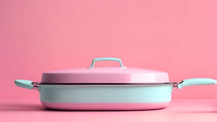 Deurstickers A pink and blue pan sits on a pink background. The pan is made of metal and has a handle © Jati