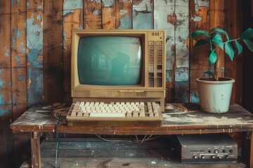 retro old school computer with crt monitor and keyboard vintage technology nostalgia - obrazy, fototapety, plakaty