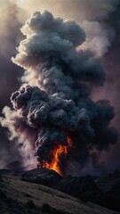 Volcanic eruption taking place, with massive plume of smoke, ash being expelled into sky, creating ominous glow. Fiery lava seen cascading down rugged terrain of mountain.