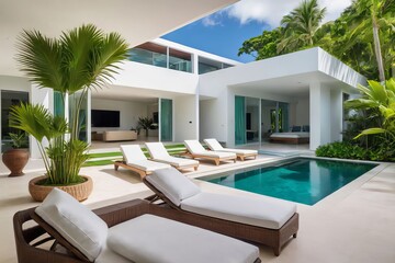 Fototapeta premium Elegance in Paradise: Tranquil pool setting in a tropical villa, enveloped by vibrant palm trees and a sleek white staircase.