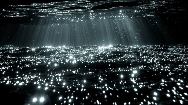 A dark blue ocean with a lot of light shining through it. The light is reflecting off the water and creating a sparkling effect