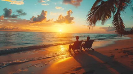 Foto op Aluminium Beach travel, couple relaxing on a tropical beach at sunset in a hotel. Vacation and tourism © vadymstock