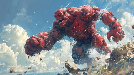 An imposing scarlet titan leaping off the boulders, rendered in a digital art format for an illustrative painting. - obrazy, fototapety, plakaty