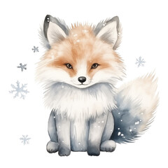 Obraz premium Watercolor fluffy fox among snowflakes isolated on white background.