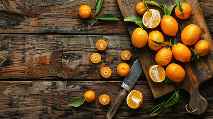 Board with tasty kumquat fruit and knife on wooden background