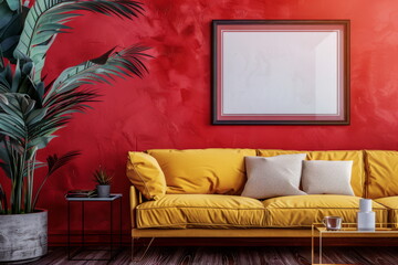 Vivid living room with tropical flair: Red wall and yellow sofa, perfect for bold interiors.