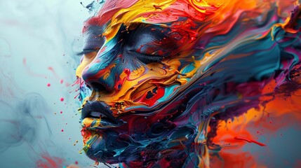 Create a detailed portrayal of a vibrant and drippy paint explosion in place of a face.